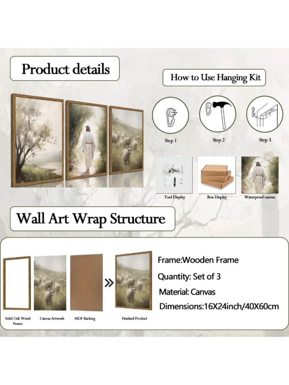 Framed Jesus Leaves the 99 Canvas Art Set of 3 - Christian Wall Decor for Home